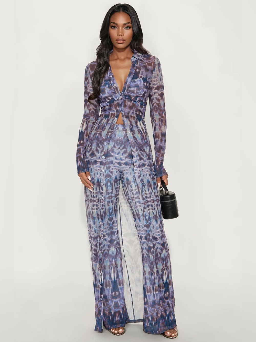 Fashion Nova Blue & Purple Patterned Wide-Leg Coord Set